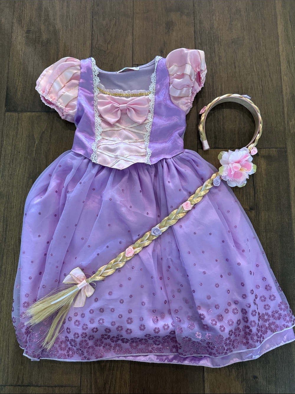 Purple and Pink Princess Rapunzel Dress-Up Costume with Braid Wand and Headband